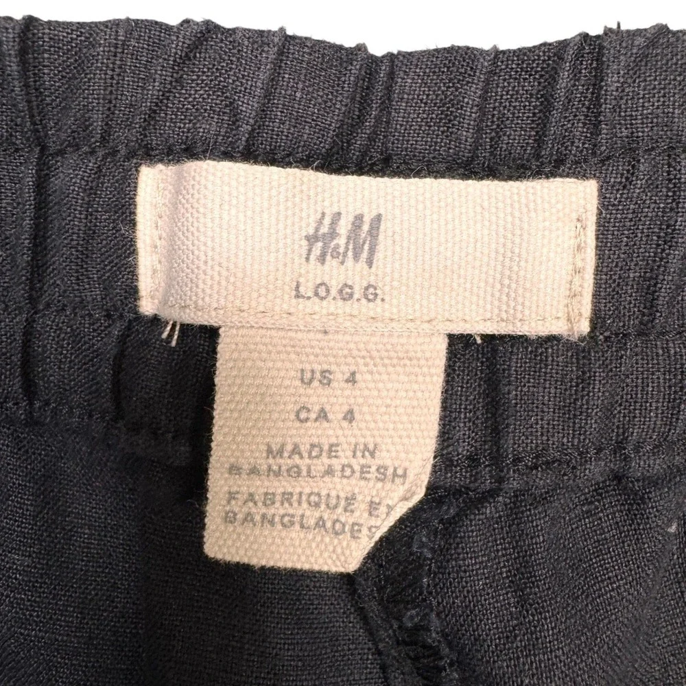 H&M Linen Blend Drawstring Trousers Sz 4 Black Coastal Grandmother Boho Chic EUC
